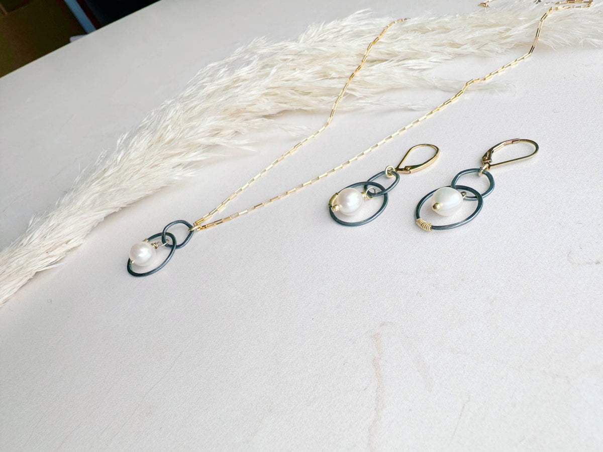 Oxidized & Gold Circle Earrings w/ White Pearl