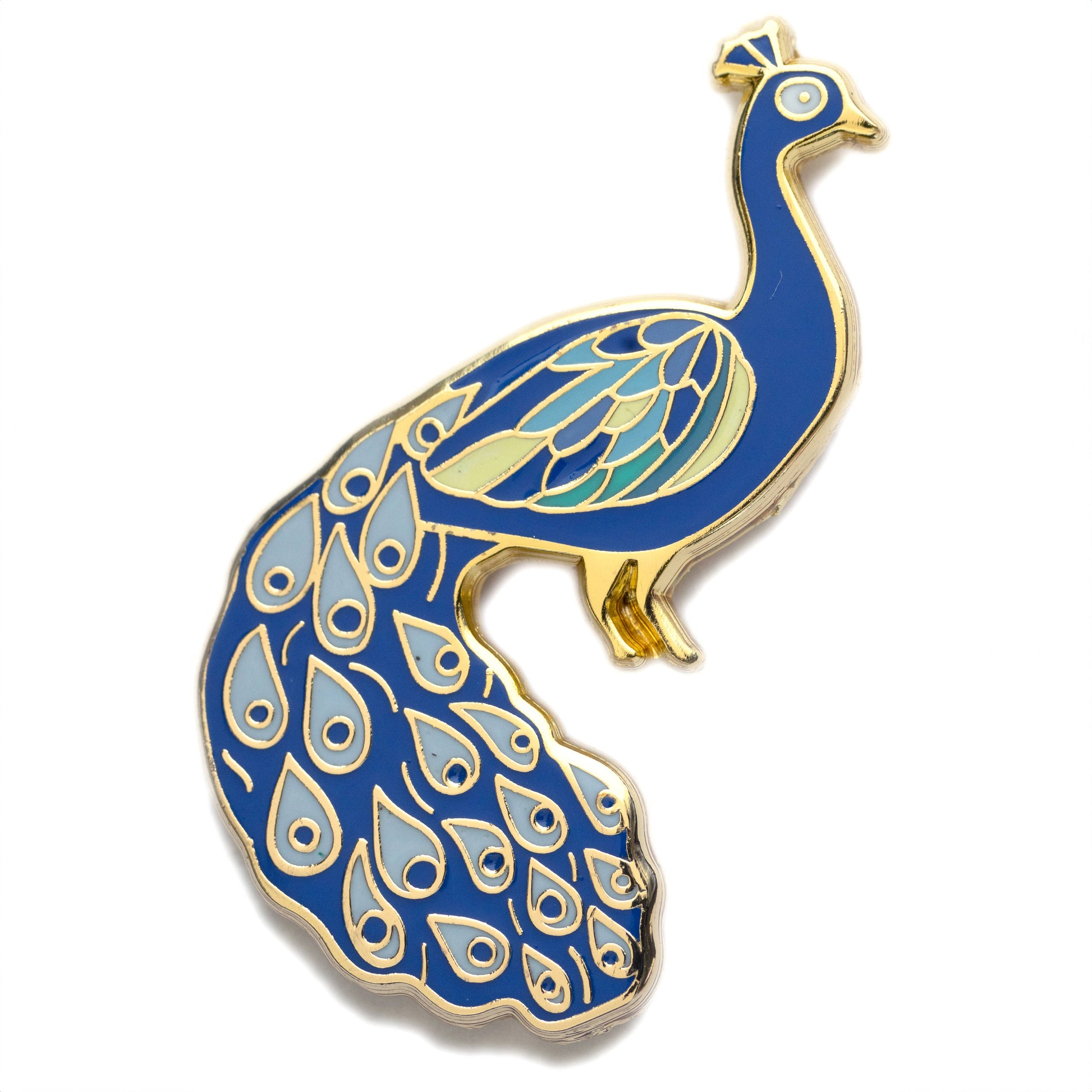 Happily Plants blue and gold peacock enamel pin