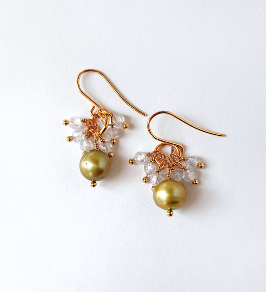 Green Pearl Earrings Gold Filled