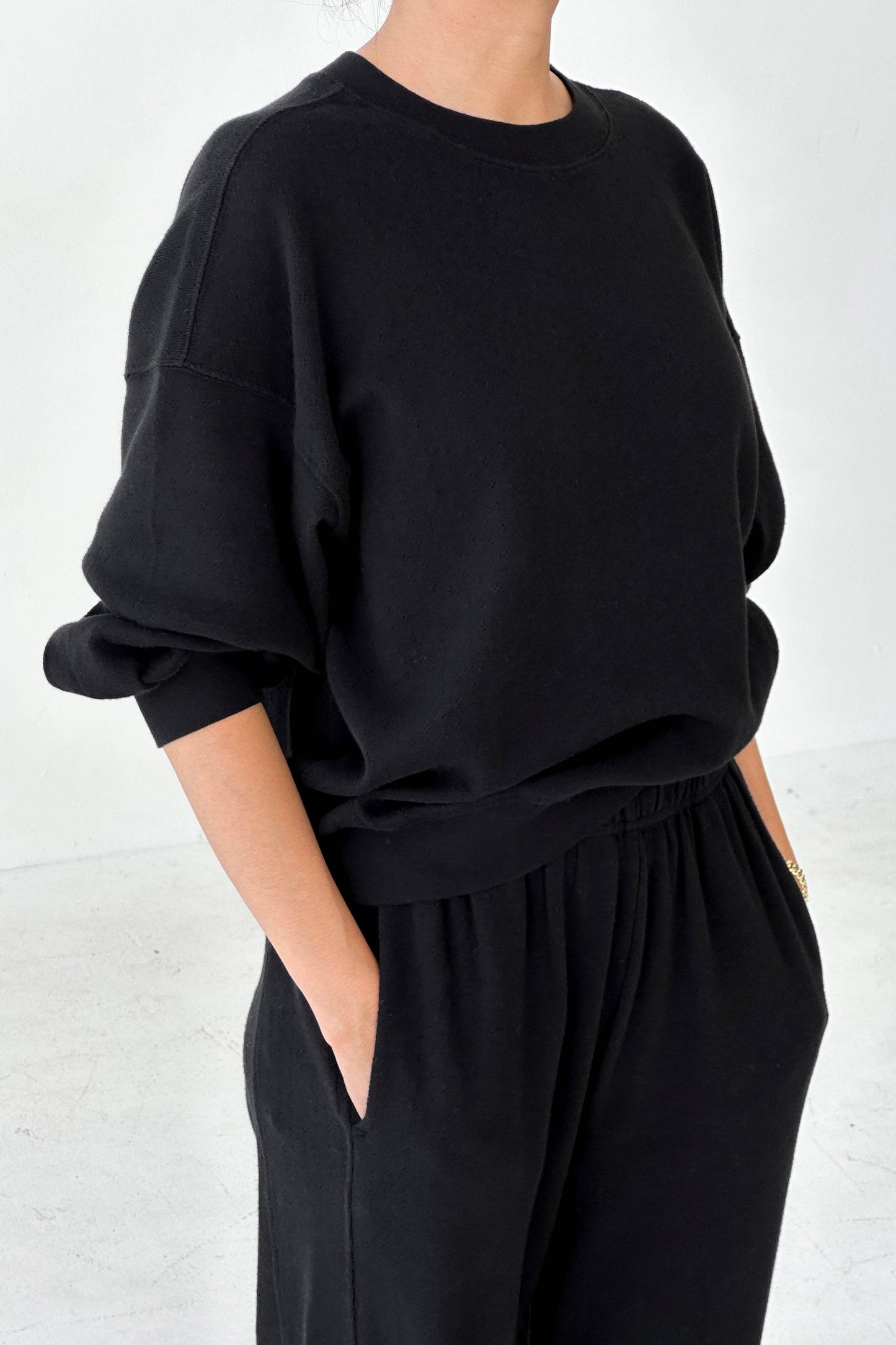 Black Pointelle Cotton Sweatshirt
