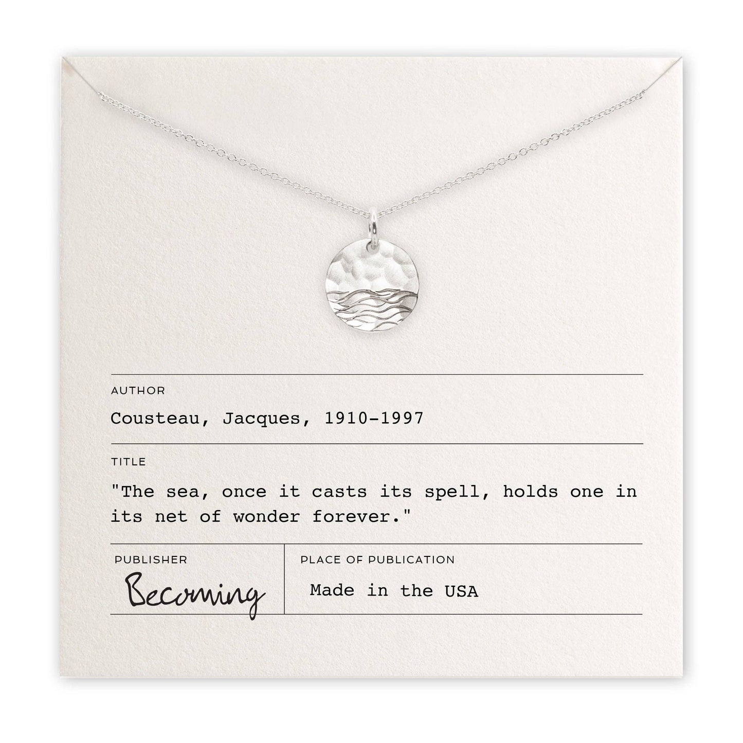 The Sea sterling silver charm necklace by Becoming Jewelry made in USA with quote card