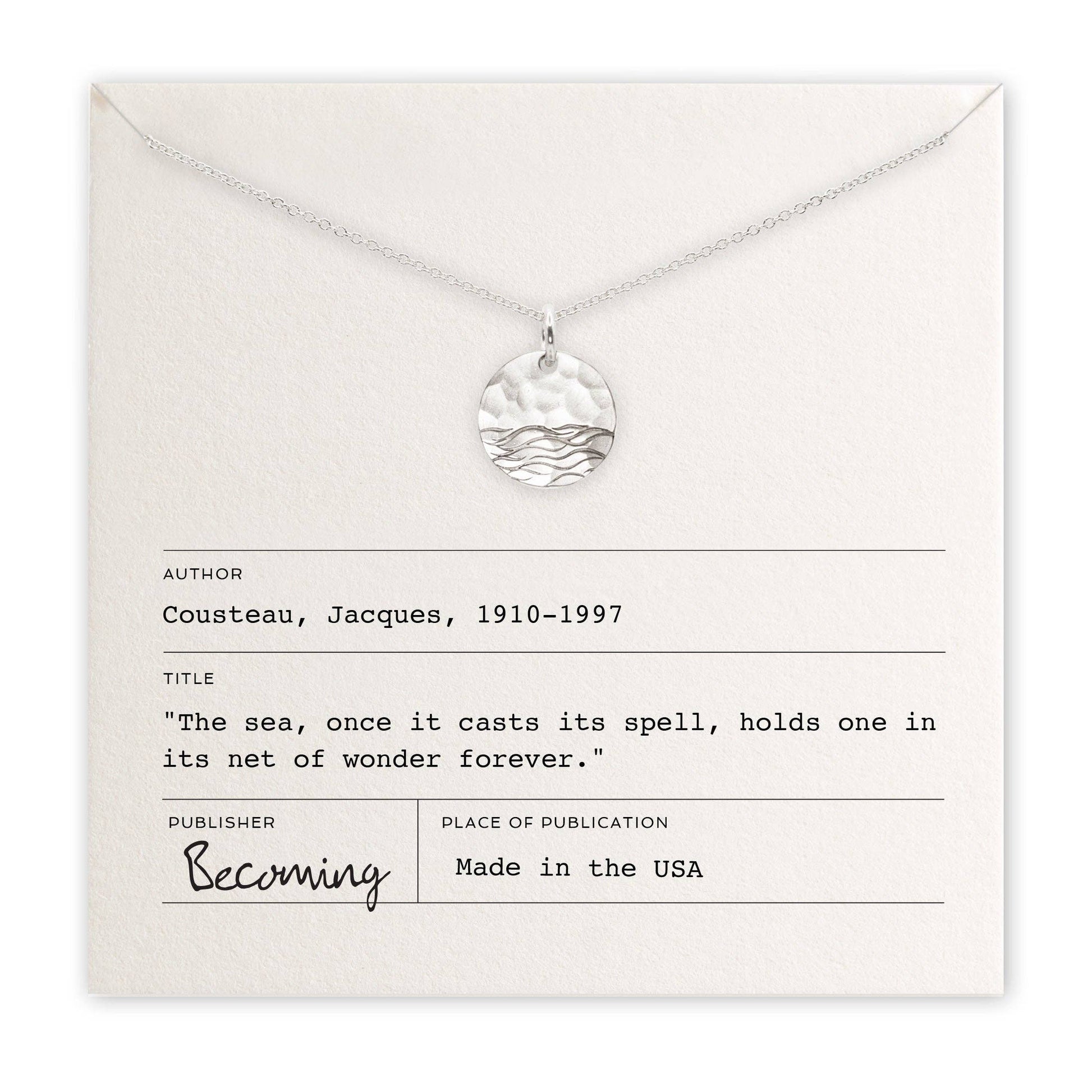 The Sea sterling silver charm necklace by Becoming Jewelry made in USA with quote card