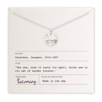 The Sea sterling silver charm necklace by Becoming Jewelry made in USA with quote card