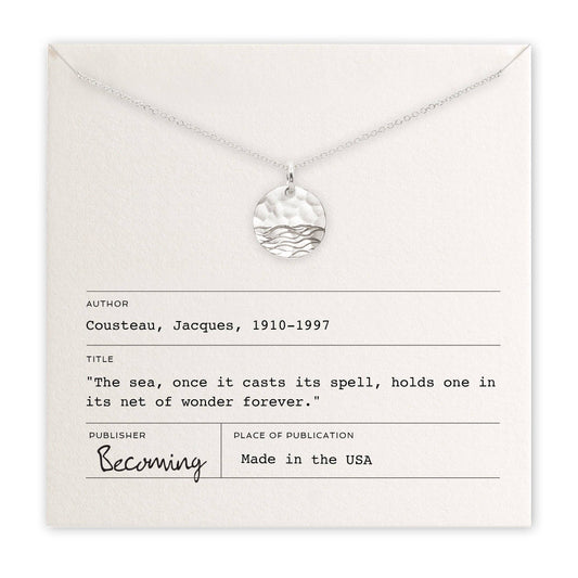 The Sea sterling silver charm necklace by Becoming Jewelry made in USA with quote card