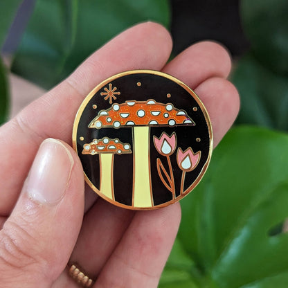 Mushroom and Flowers Hard Enamel Pin with glitter