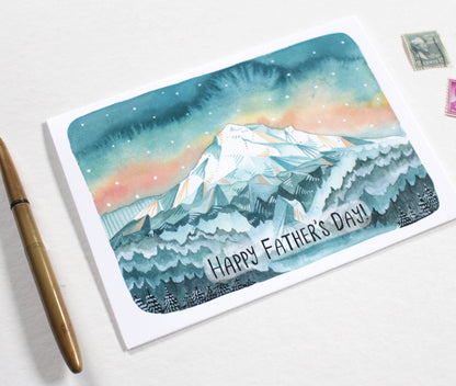 watercolor mountain fathers day card at sunset