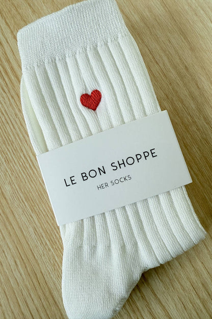 Embroidered Her Socks  Classic White + Heart