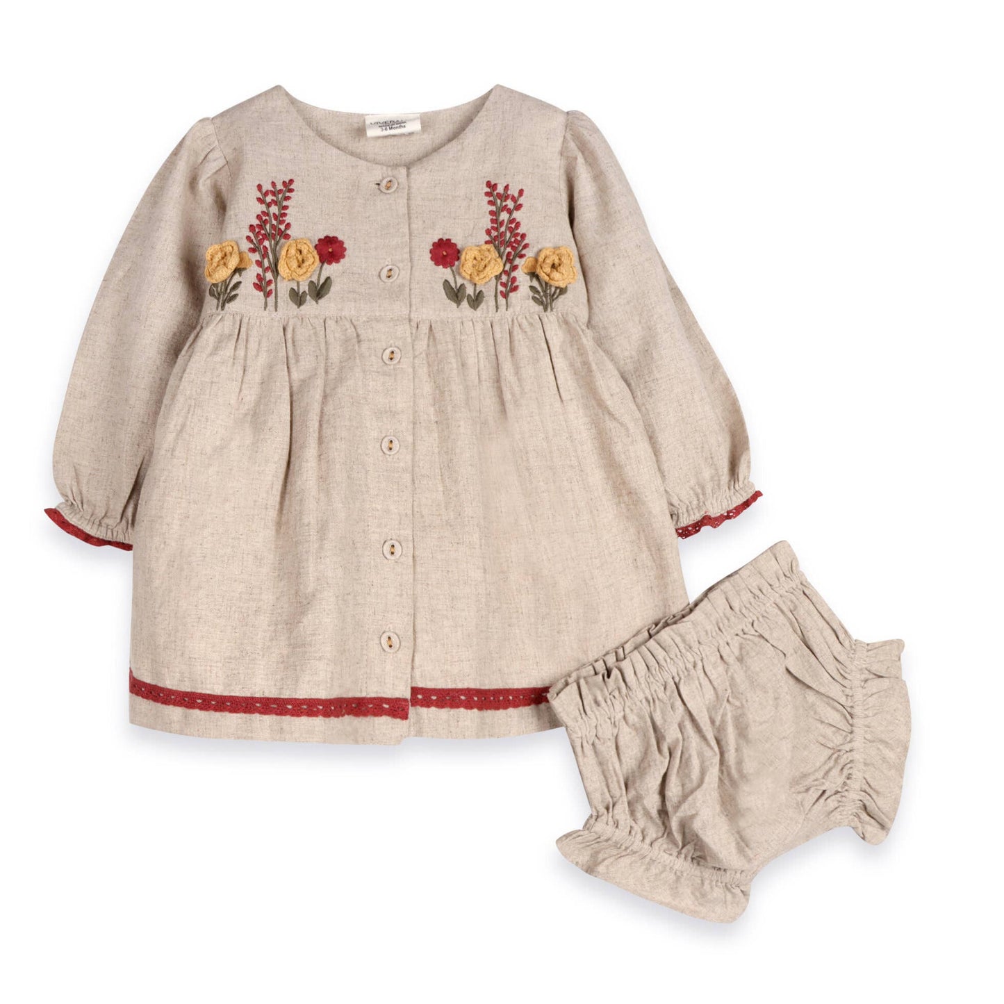 Ravello Embroidered Baby Dress & Bloomer (Linen Blend): Natural