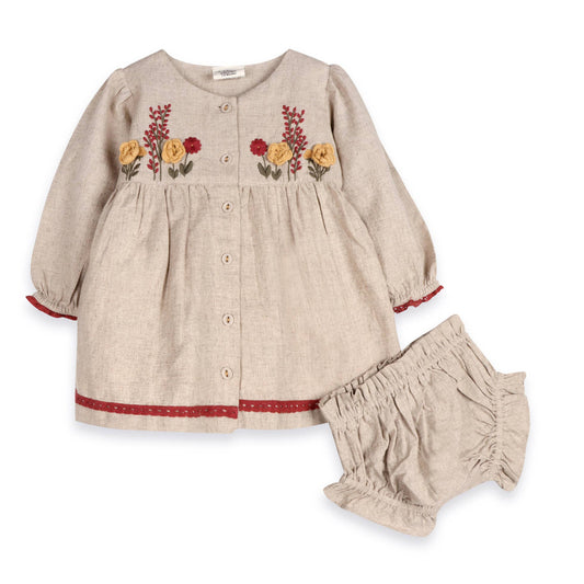 Ravello Embroidered Baby Dress & Bloomer (Linen Blend): Natural