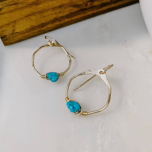 Turquoise Mini Organic Hoop Earrings: 14k Gold Fill