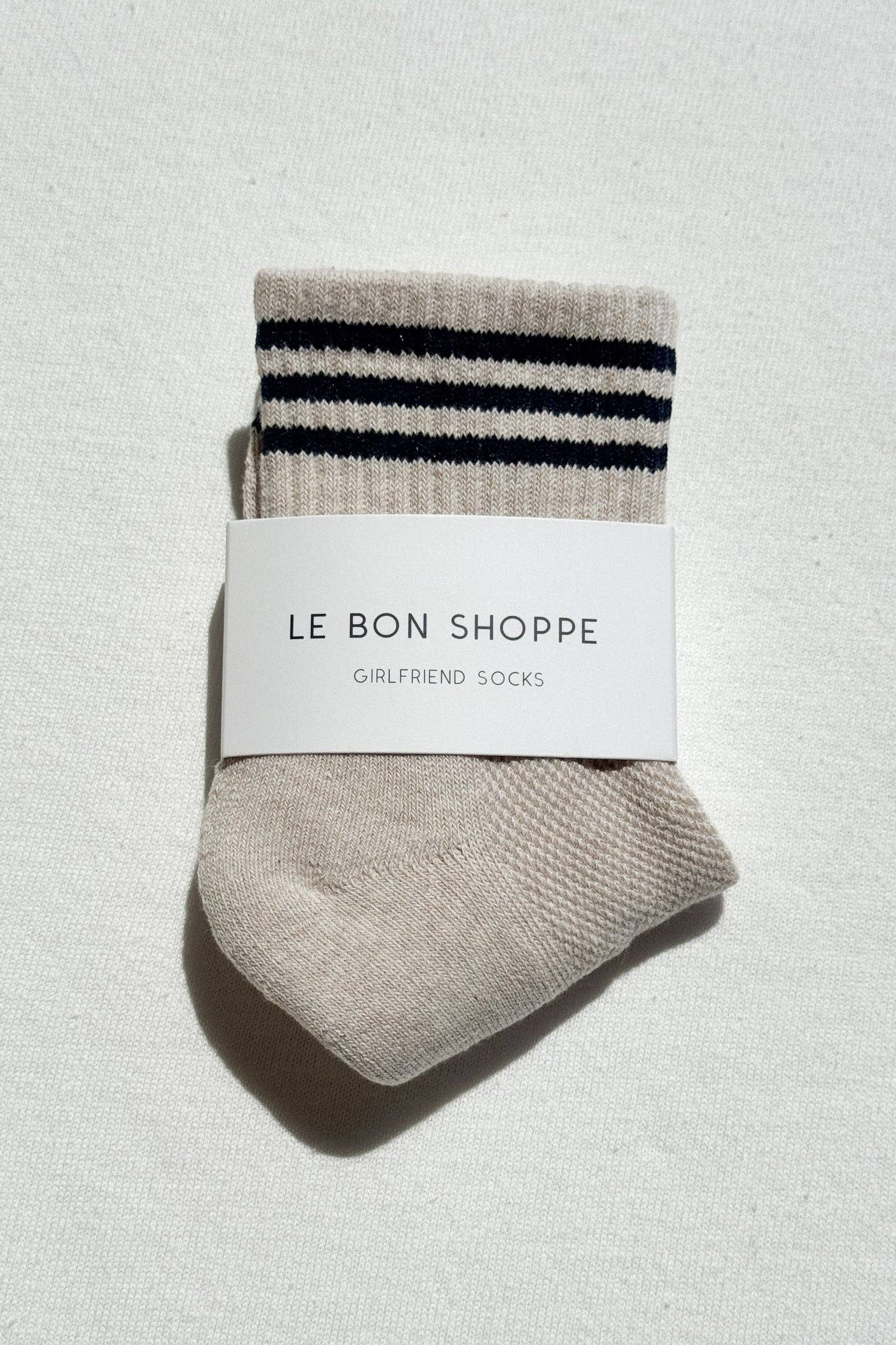 Le Bon Shoppe Girlfriend Socks in Oatmeal with Black Crew Stripes