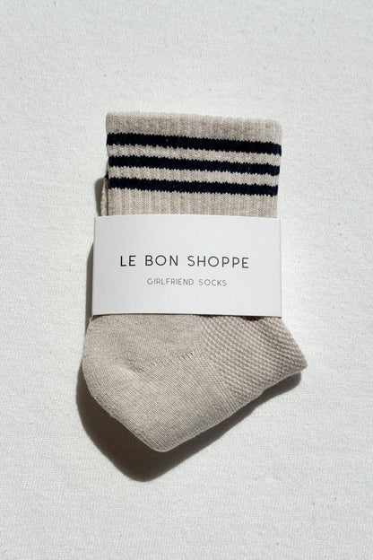 Le Bon Shoppe Girlfriend Socks in Oatmeal with Black Crew Stripes
