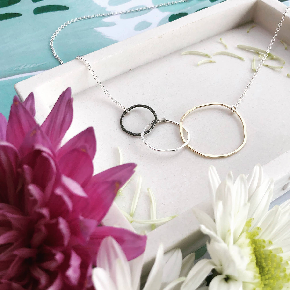 EXPLORE Necklace Three Linked Circles Mixed Metal Sterling: 18"