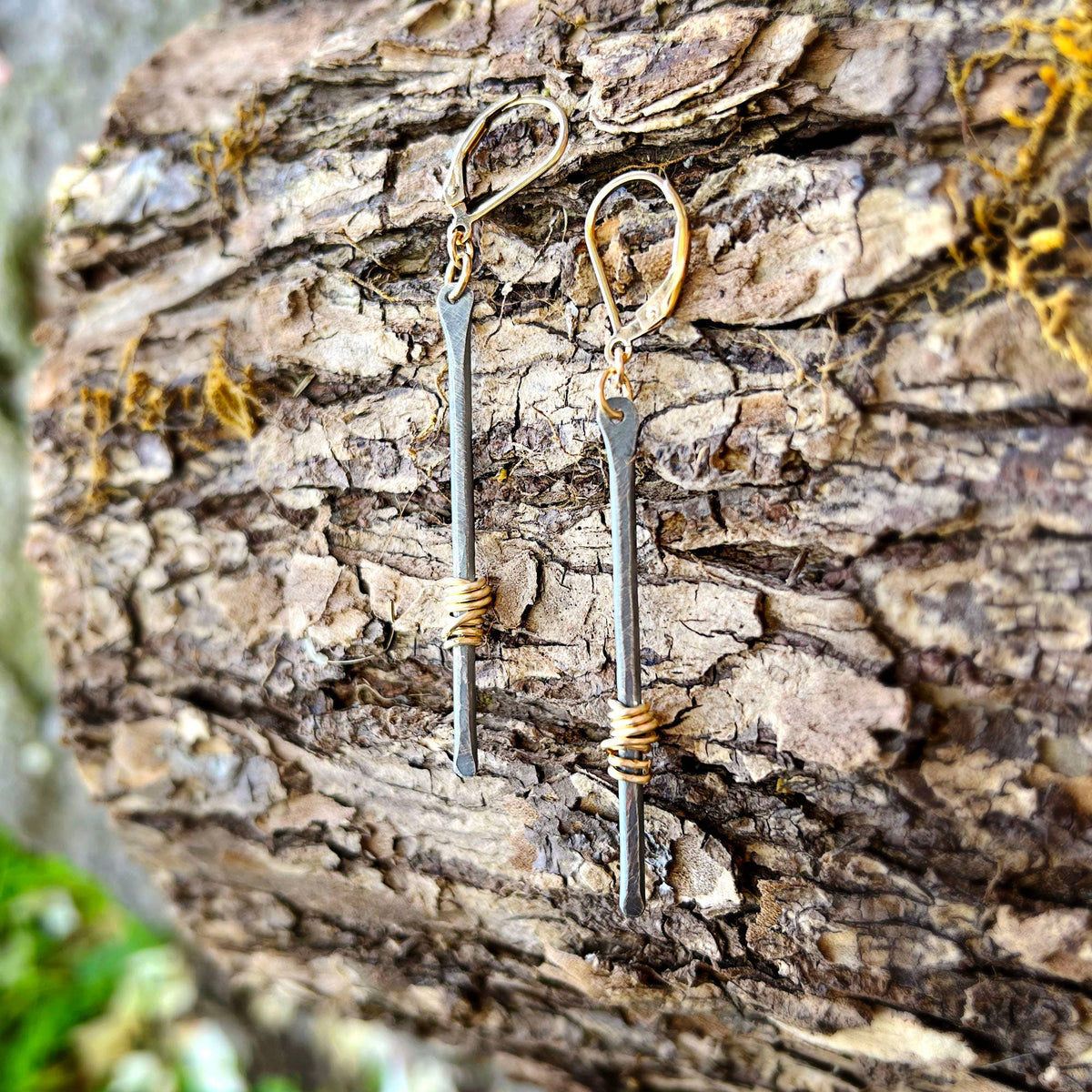 Oxidized Sterling Bar Gold Handmade Earrings