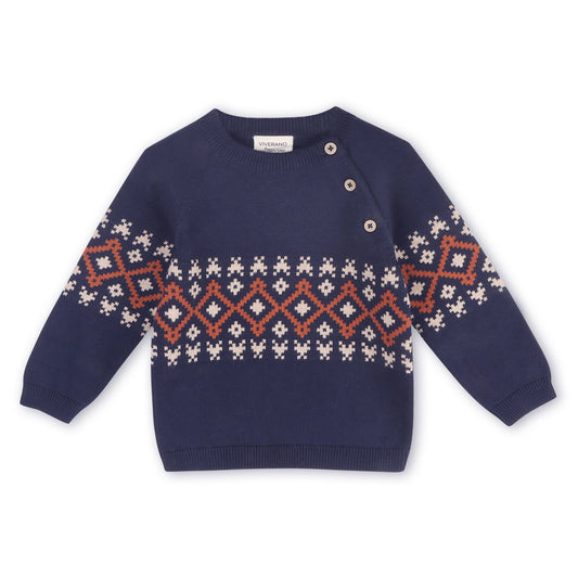 Fair Isle Raglan Sleeve Baby Pullover Sweater Navy Blue