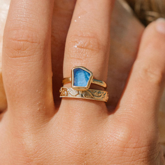Blue Sea Glass Ring (Handmade): 925 Silver