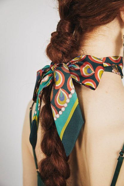 "Peacock" Silk Twilly Neck Bow: Teal