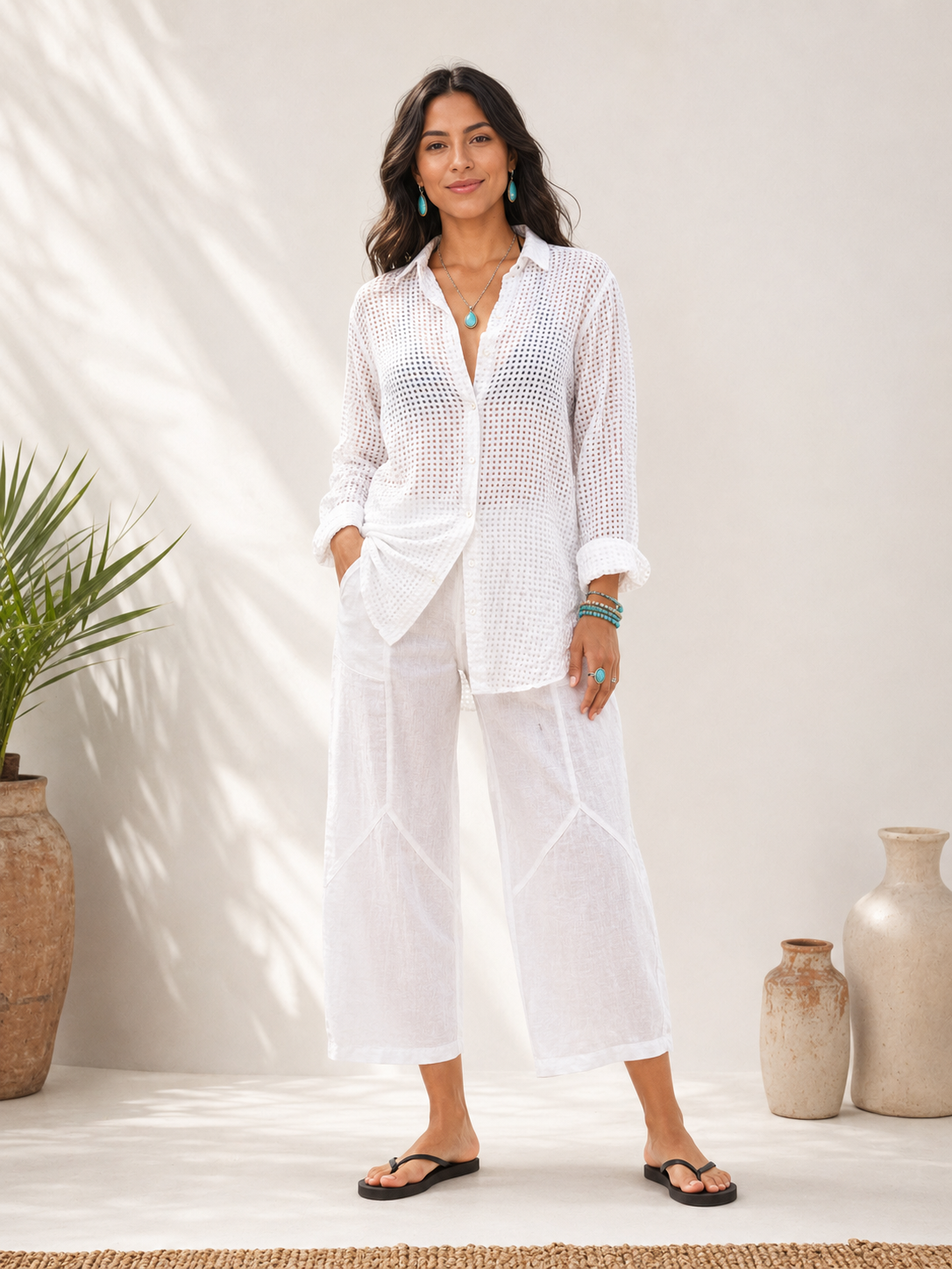 White Checker Cut-Out Button Down