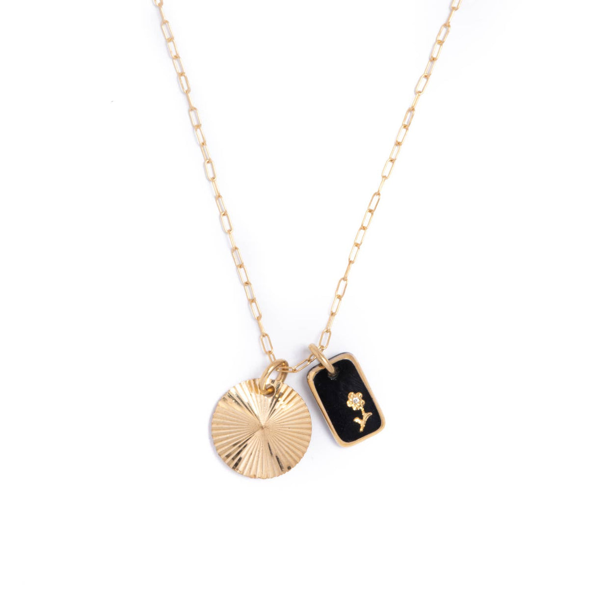 Black Glass & Sunburst Charm Necklace: 20"