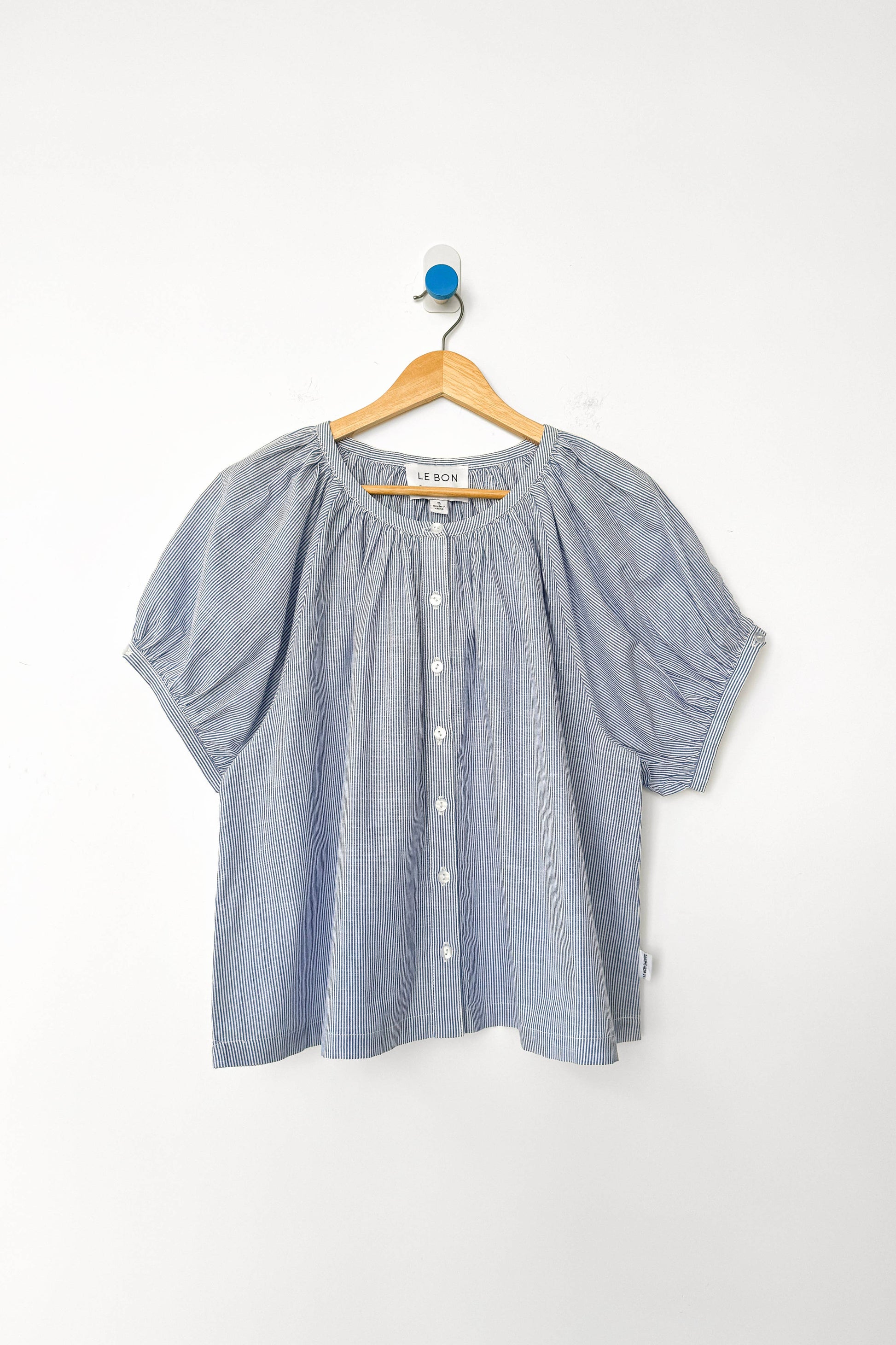 Le Bon Shoppe puff sleeve blouse in blue with buttons