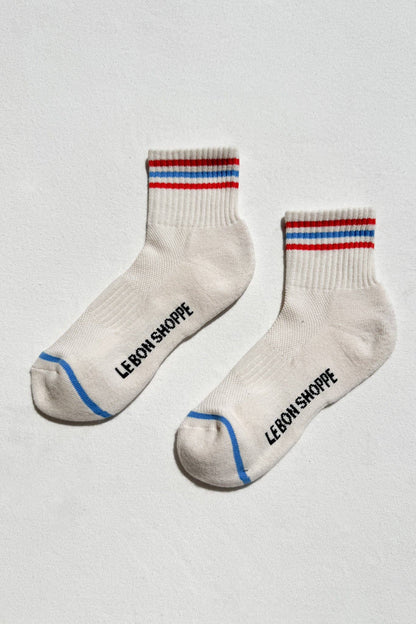 Le Bon Shoppe womens quarter crew socks leche with red white and blue stripes
