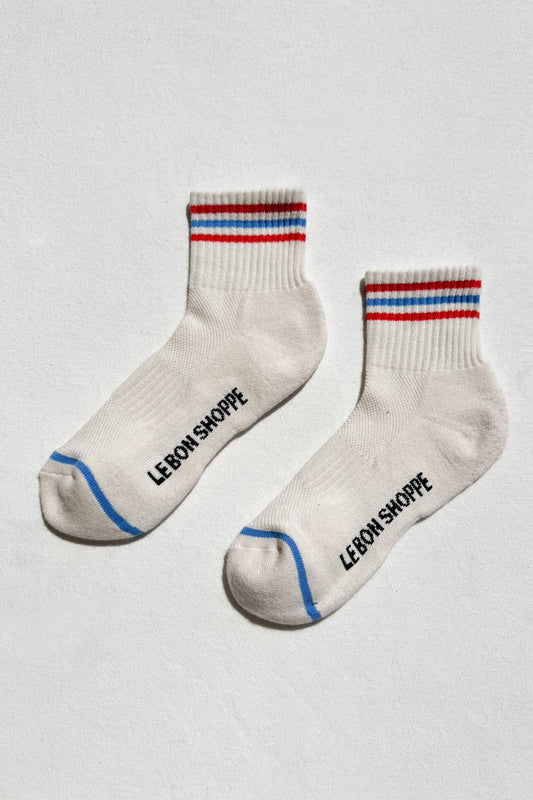 Le Bon Shoppe womens quarter crew socks leche with red white and blue stripes