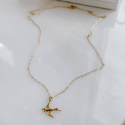 Dainty Flying Sparrow Necklace: 14k Gold Fill