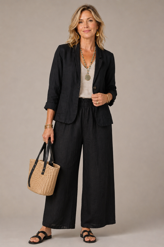 Solid Linen Blazer - Black