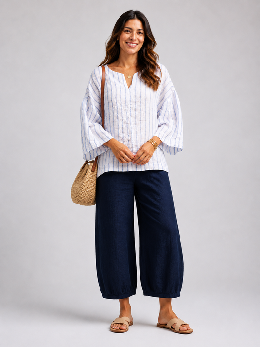 100% Linen Split Neck Pullover Blue Stripe