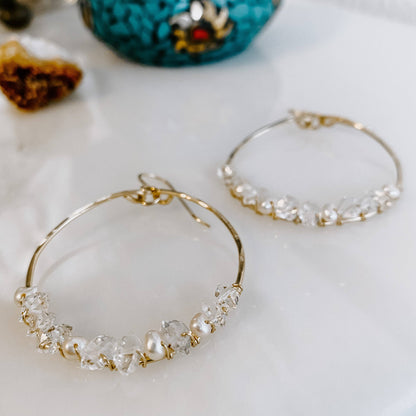 Everly Herkimer Diamond and Pearl Hoop Earrings: 14k Gold Fill