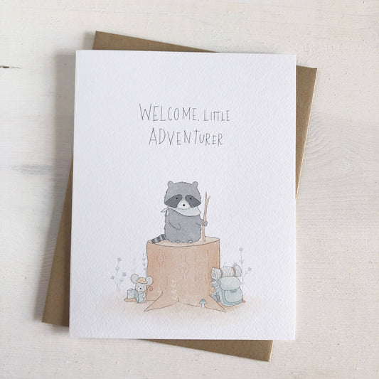 Welcome Little Adventurer Raccoon Baby Card