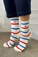 Load image into Gallery viewer, Embroidered Striped Boyfriend Socks: RED BLUE + HEART
