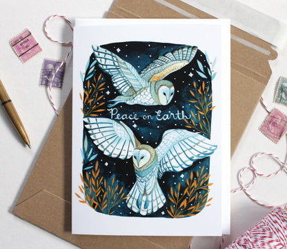 michele maule - Hand Drawn White Owl Peace on Earth Greeting Card