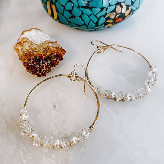 Everly Herkimer Diamond and Pearl Hoop Earrings: 14k Gold Fill