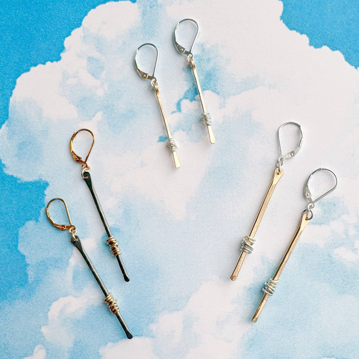 Oxidized Sterling Bar Gold Handmade Earrings
