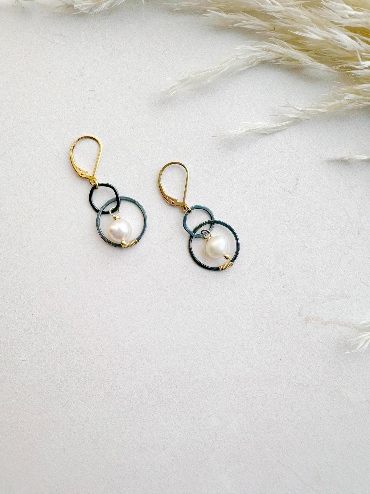 Oxidized & Gold Circle Earrings w/ White Pearl