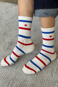 Embroidered Striped Boyfriend Socks: RED BLUE + HEART