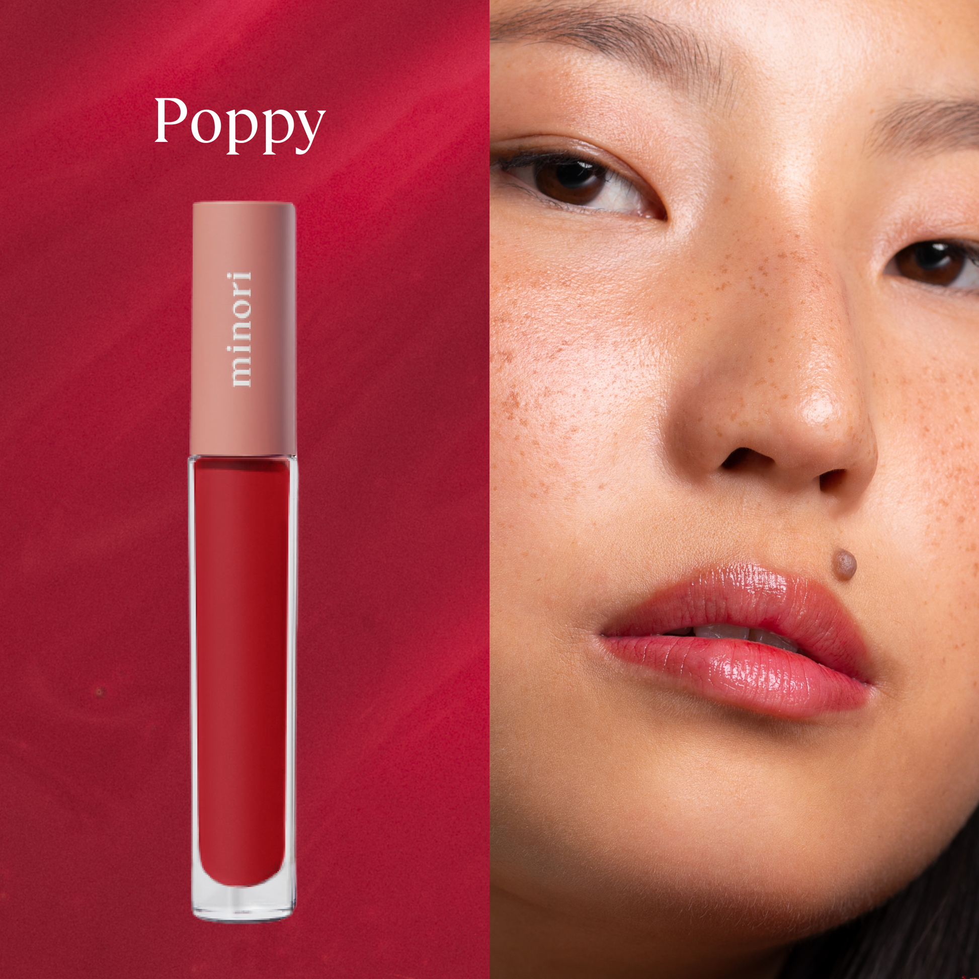 Poppy Red Hydrating Lip Gloss by Minori Beauty Close up on model
