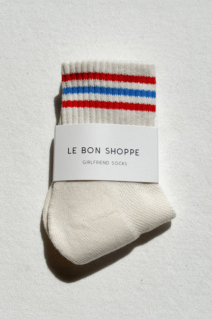 Le Bon Shoppe womens quarter crew socks leche with red white and blue stripes