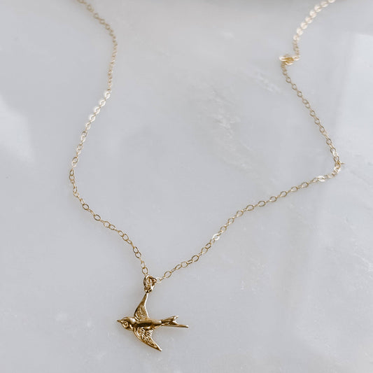 Dainty Flying Sparrow Necklace: 14k Gold Fill
