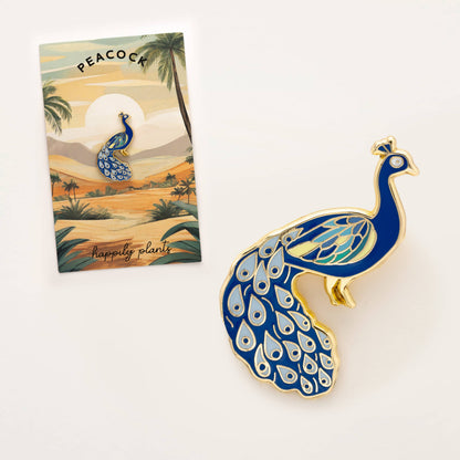 Happily Plants blue and gold peacock enamel pin