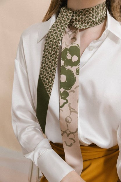 "Floral Houndstooth" Silk Skinny Scarf: Green