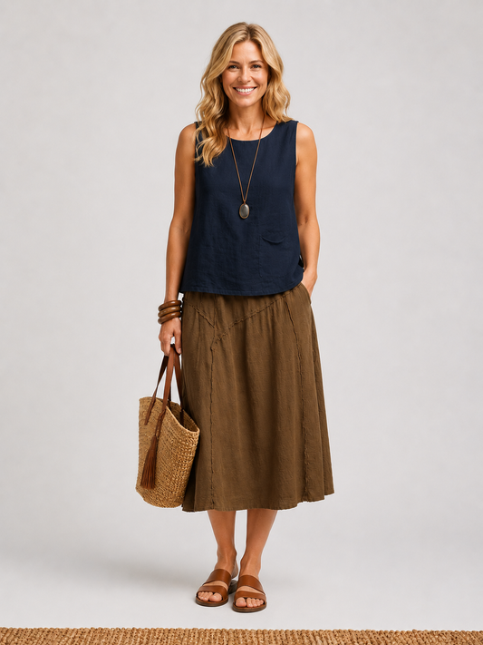 Linen Pocket Tank Top- Naval