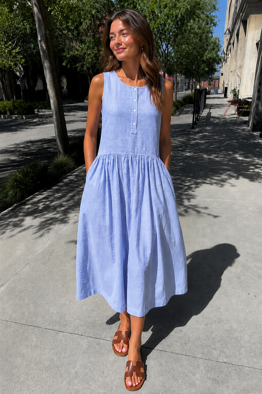 Le Bon Shoppe cotton midi dress light blue with buttons