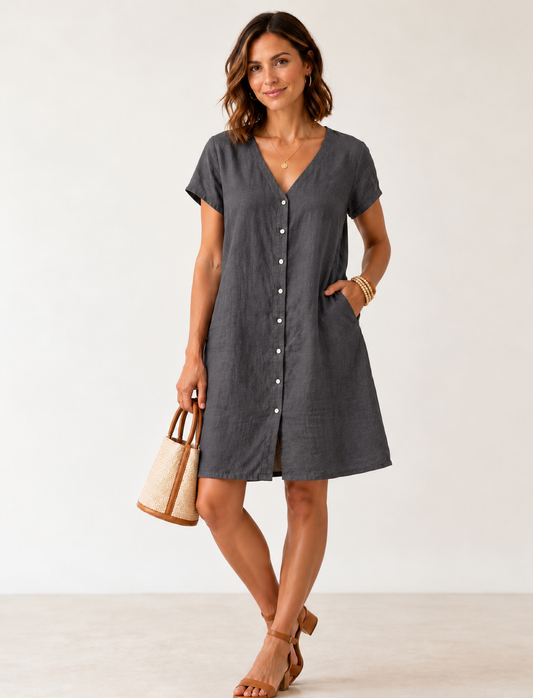 100% Linen Button Down Dress - Pewter