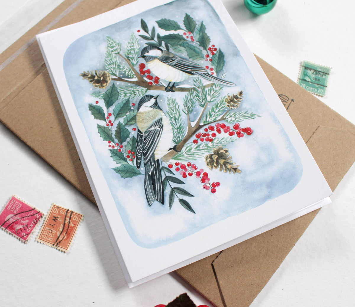 michele maule - Holiday Card- Two Christmas Chickadees
