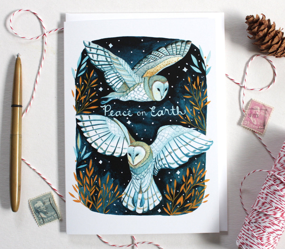 michele maule - Hand Drawn White Owl Peace on Earth Greeting Card