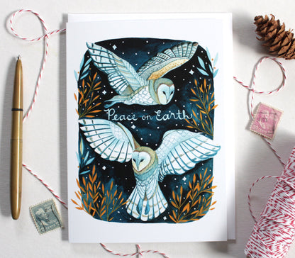 michele maule - Hand Drawn White Owl Peace on Earth Greeting Card