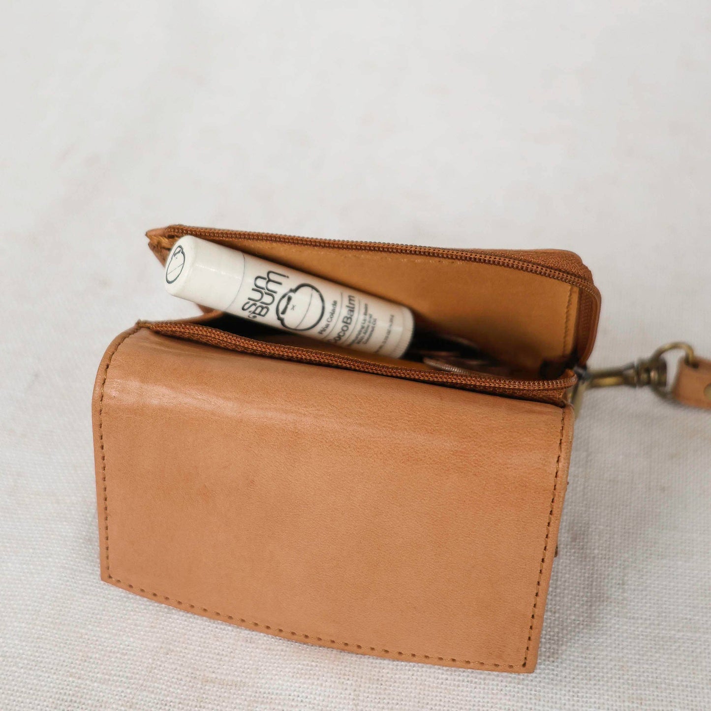 Leather Wallet Wristlet: Camel