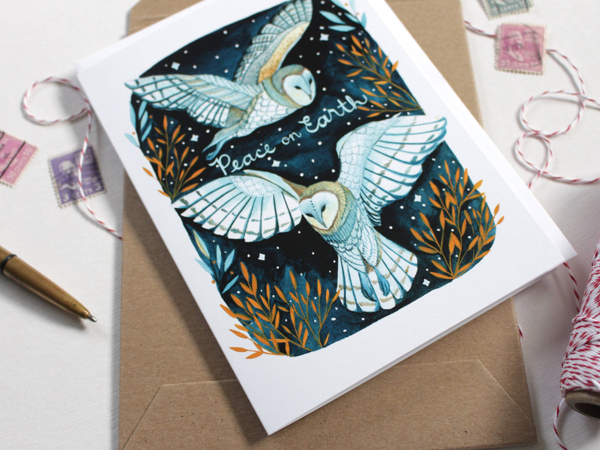 michele maule - Hand Drawn White Owl Peace on Earth Greeting Card